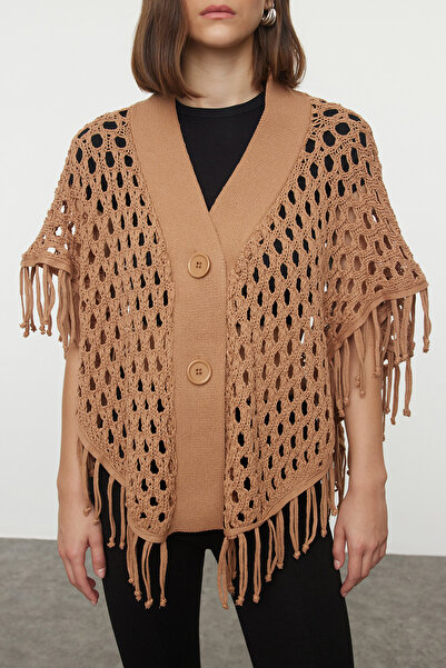 Trendyol Collection Prolamovaná velbloudí pletenina Cardigan - střapec podrobný, perforovaný Twoaw25Hi00329