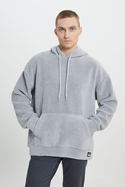 AC&Co / Altınyıldız Classics Men's Light Gray Oversize Loose Cut Hooded Sherpa Sweatshirt Fleece