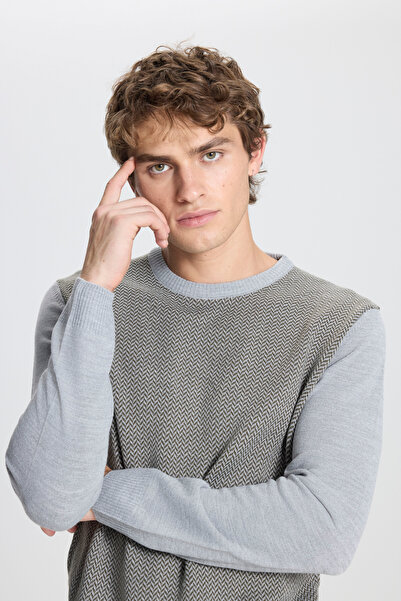 ALTINYILDIZ CLASSICS Pulover pentru bărbați, gri-kaki, cu croială normală, tricotaj cu model, cu croială normală