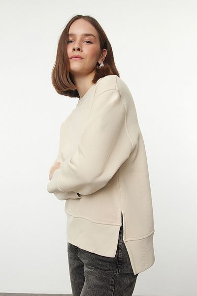 Trendyol Collection Φούτερ Fleece Crew Neck Stone χοντρό φούτερ - κανονική εφαρμογή Twoaw25sw00169