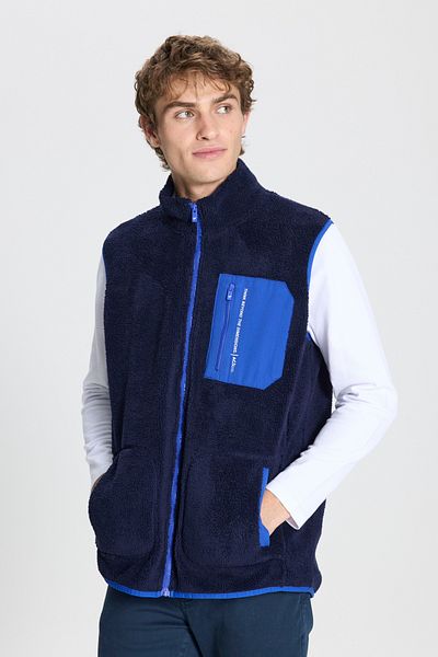 AC&Co / Altınyıldız Classics Marineblaue Sherpa-Fleece-Weste für Herren mit normaler Passform und Stehkragen