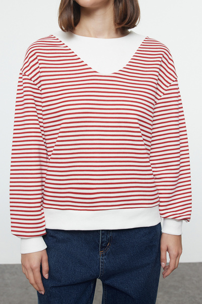 Trendyol Collection Claret Red Blocked Striped Oversize Collar Sweatshirt - Thick Knitted TWOAW25SW00010