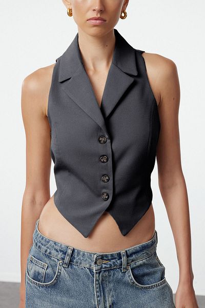 Trendyol Collection Anthracite Fitted Button Detailed Crop Woven Vest Twoaw25Ye00069