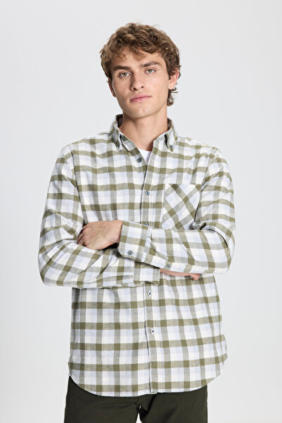 AC&Co / Altınyıldız Classics Erkek Haki-gri Slim Fit Dar Kesim Düğmeli Yaka Sıcak Tutan Kareli Kışlık Flanel Oduncu Gömlek