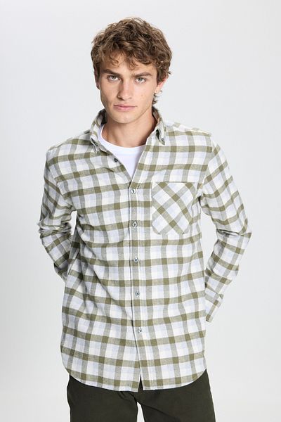 AC&Co / Altınyıldız Classics Herren-Holzfällerhemd in Khaki-Grau, schmale Passform, schmaler Schnitt, Knopfkragen, warm, kariert, für den Winter, Flanell