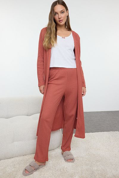 Trendyol Collection Dlaždicová 3dílná stuha/detail mašle Žebrovaná pletená sada pyžama Thmaw25Pt00008