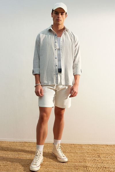 Trendyol Collection Kék vászon kinézetű 100% pamut normál szabású ing - TMNSS23GO00111