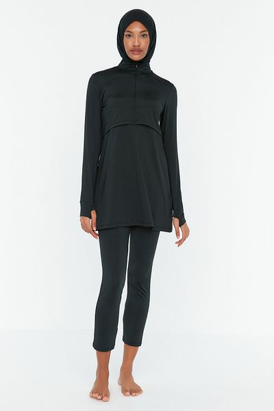 Trendyol Modest Schwarzes, langärmliges Performance-Strick-4-teiliges Badeanzug-Set TCTSS22CF0012