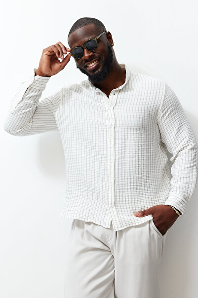 Trendyol Collection Plus Size Stripe Ecru Shirt - 100% Cotton, Regular Fit Tmnss24Ax00005