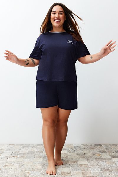 Trendyol Curve Navy Blue Embroidery Detailed Knitted Couple Pajamas Set TBBSS24AI00042