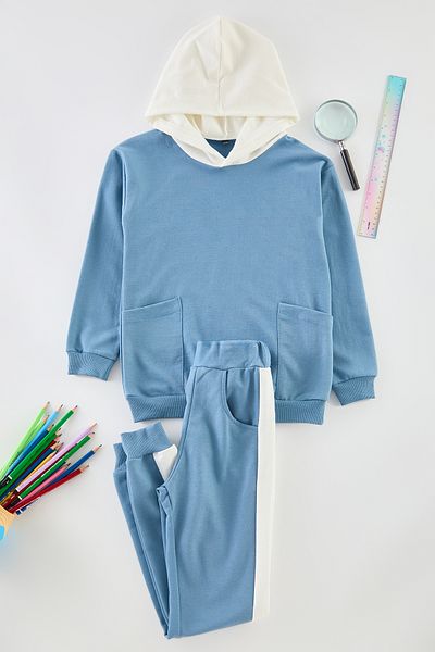 TRENDYOLKIDS Indigo Male Child Flat Cotton Knitted Bottom-Top Suit Tkdaw25Au00062
