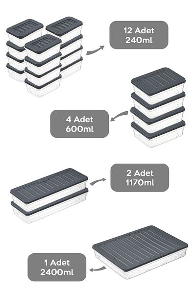 Meleni Home Anthracite 19 Piece Storage Container - 1X2400Ml 2X1170Ml 4X600Ml 12X240Ml Suitable for Microwave and Diffraction
