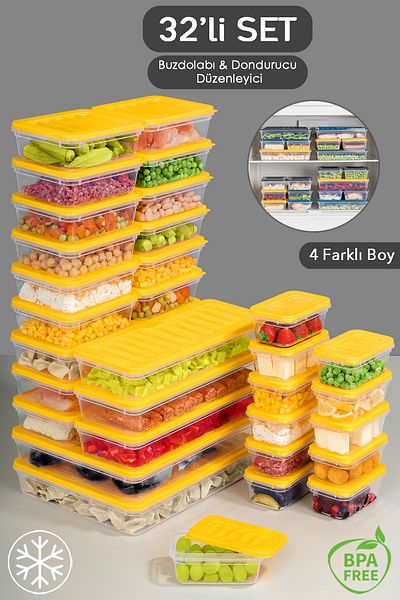 Meleni Home 32 Pieces Yellow Storage Container - 2X2400Ml 6X1170Ml 12X600Ml 12X240Ml Suitable for Microwave and Diffraction