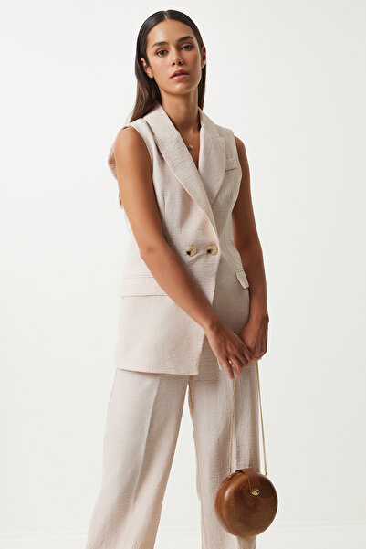 Happiness İstanbul Krém színű túlméretezett női mellény és nadrág szett - kendőgallér FN03230