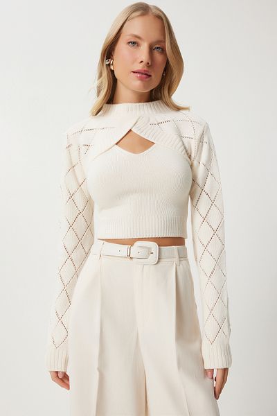 Happiness İstanbul Krémes Turtleneck Crop kötöttáru atléta szett - MT00153