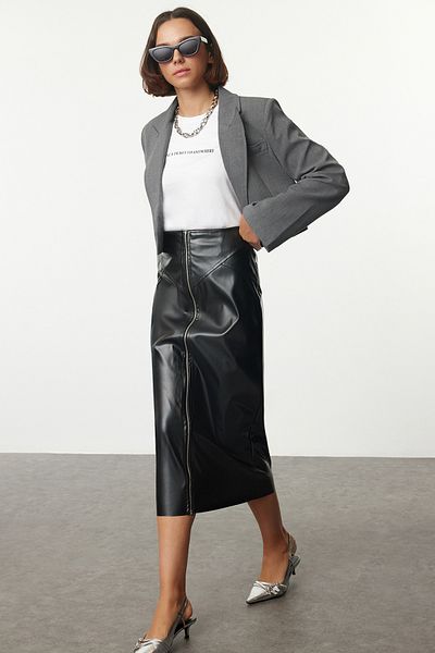 Trendyol Collection Fusta țesătă din piele artificială midi cu fermoar negru TWOAW25ET00032
