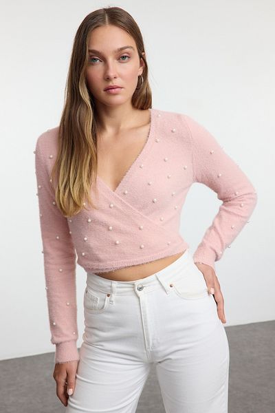 Trendyol Collection Pulover din tricotaje Dusty Rose - Super Crop, detaliu perlat, pene TWOAW24KZ00228
