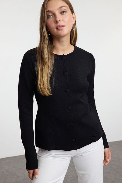 Trendyol Collection Soft Textured Wide Fit Black Knitwear Jacket - Twoaw25Hi00312