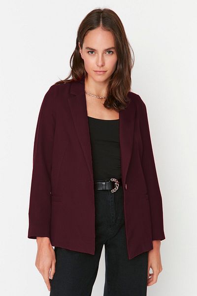 Trendyol Collection Weinrote, gewebte Blazerjacke mit regulärem Futter und detailliertem Detail TWOAW20CE0316