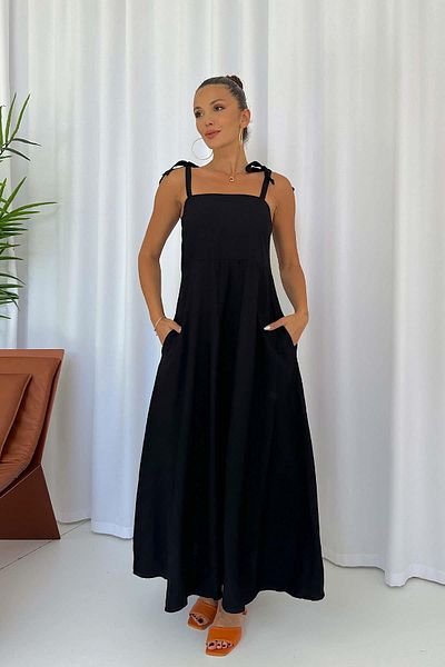 Mine Tan Butik Rochie A-Line țesută neagră - Gippeli și curea