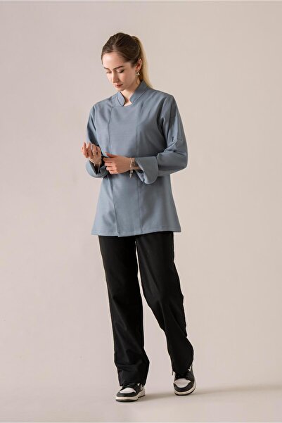 APP-RON C-04 SOFT LINEN - Denim Mavi Keten Şef Ceketi Kadın