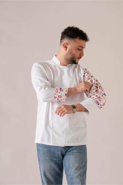 APP-RON C-19 PASTRY - Pasta Desenli Beyaz Şef Ceketi