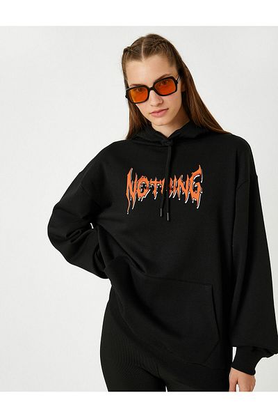 Koton Oversize Hooded Printed Sweatshirt with Fleece Inside