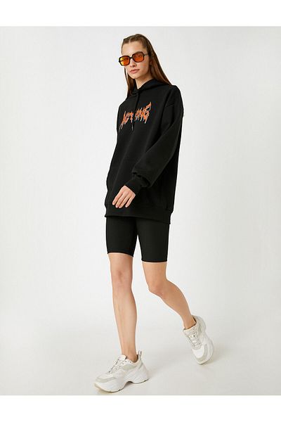 Koton Oversize Hooded Printed Sweatshirt with Fleece Inside