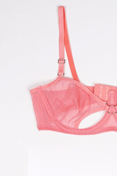 EMINNA Set de lenjerie de corp decoltat transparent de culoare coral