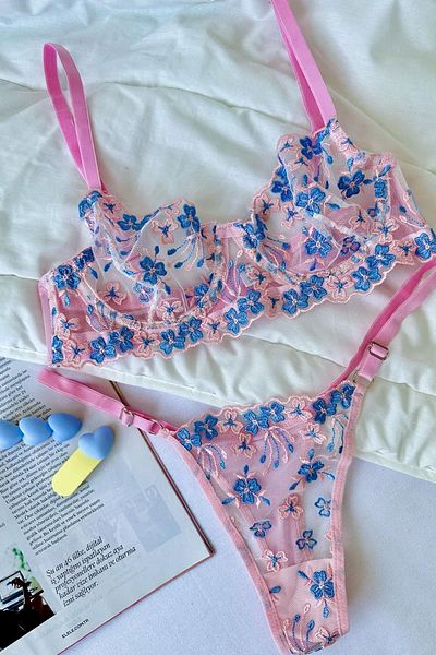 EMINNA Powder Colored Floral Embroidered Underwear Set