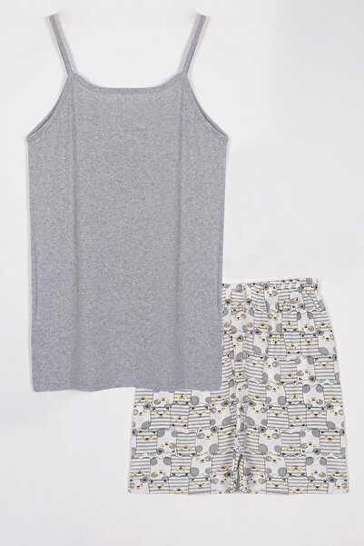 EMINNA Γκρι και Λευκό Γυναικείο Σετ Πιτζάμες με Σορτς με λουράκι