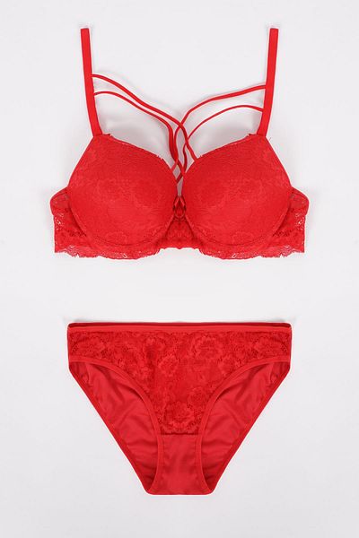 EMINNA Red Double Cross Lace Underwear Set