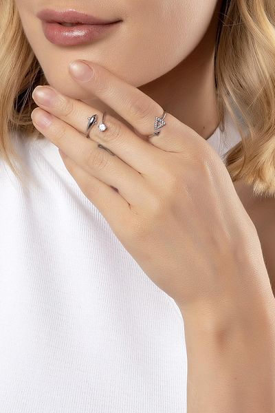 Modex Silver Color Zircon Stone Dolphin Double Ring (Adjustable)