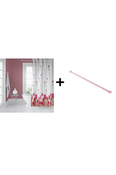 Zethome Κουρτίνα μπάνιου 7017 Model Pink - 180x200 Pipe Hanger, 160x260 Gift