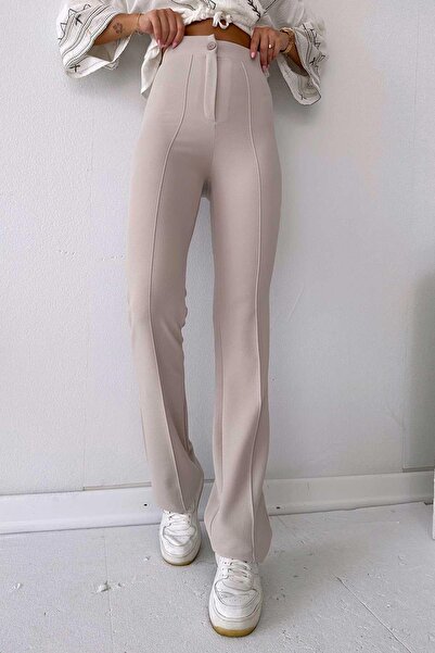 Mine Tan Butik Ψηλόμεσο Lycra Palazzo Γυναικείο Παντελόνι - Μπεζ