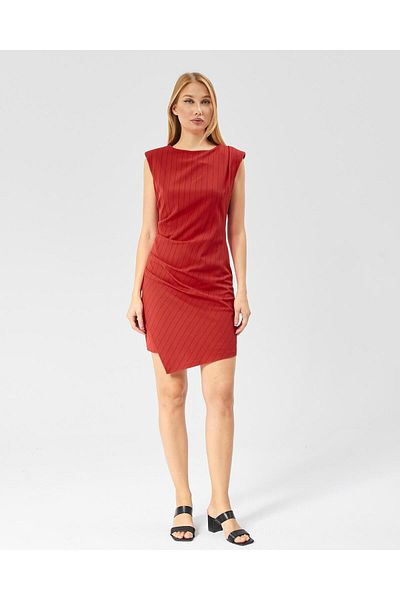 Appleline Red Midi Length Asymmetrical Striped Women's Dress - Zero Sleeve