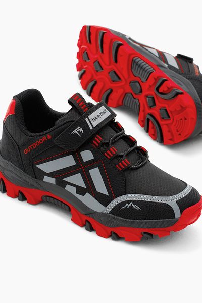 Tonny Black Unisex-Kinder-Trekkingschuhe – Schwarz, Rot, Thermosohle, wasserabweisend und mit Klettverschluss