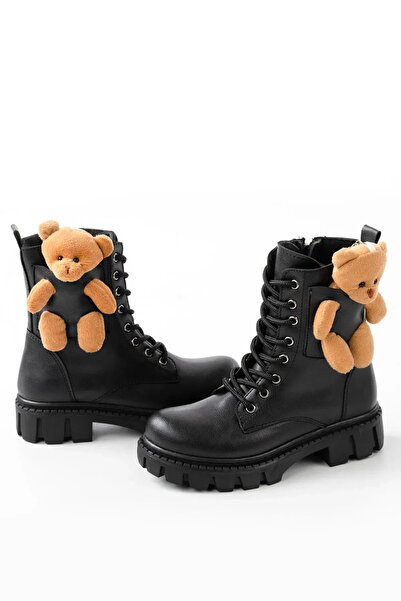 Zerenyus Girl - Teddy Bear Detailed Thick Sole Lace Up Zippered Boots