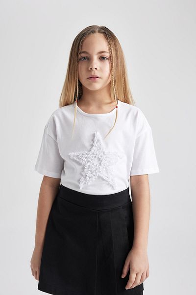 DeFacto Tricou alb cu mânecă scurtă pentru fete Relax Fit B6852a824sm
