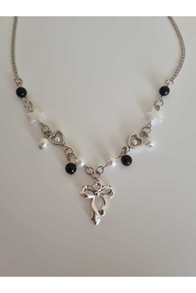 Crosswonder Black & White Coquette Tema Fiyonk Charm Ribbon Kolye y2k