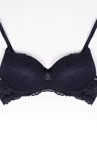 EMINNA Navy Blue Colored Lace Detailed Padded Bra and Panty Set