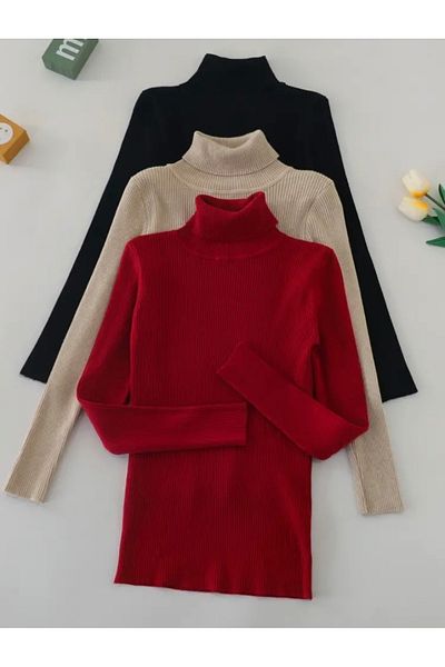 Buteks Premium Cotton 3-Piece Set Unisex Sweater - Red, Beige, Black, Turtleneck, Raised Slimfit Turtleneck