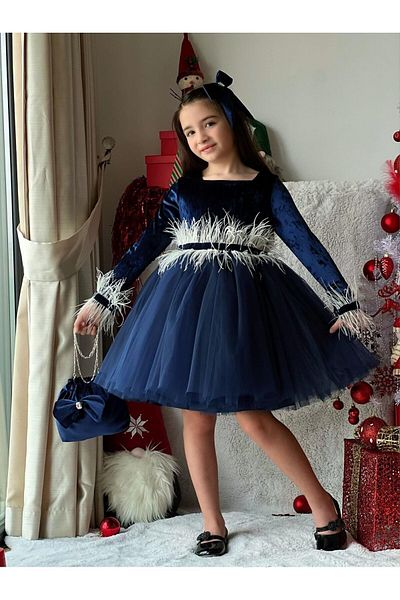 nisaykids girl navy blue velvet dress-bag-buckle total 3 pieces