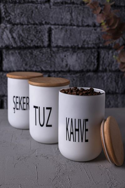 Karçiçeği Home Luxury Kitchen Set of 3 - Matte White Glass, Tea/Coffee/Salt, 1000ml
