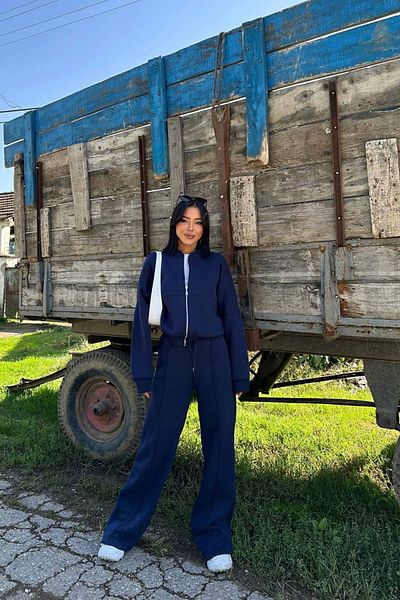 Neşeli Butik Σετ γυναικεία φόρμα με φερμουάρ Navy Blue - NBG026 Winter Casual Sweatpants