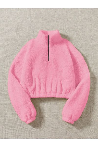 Monacube Women's Oversize Plush Crop Sweat - Half Zipper, Stand Collar