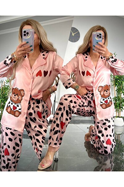 SATTENS Πουά Γυναικεία Σατέν Σετ Πυτζάμες με στάμπα