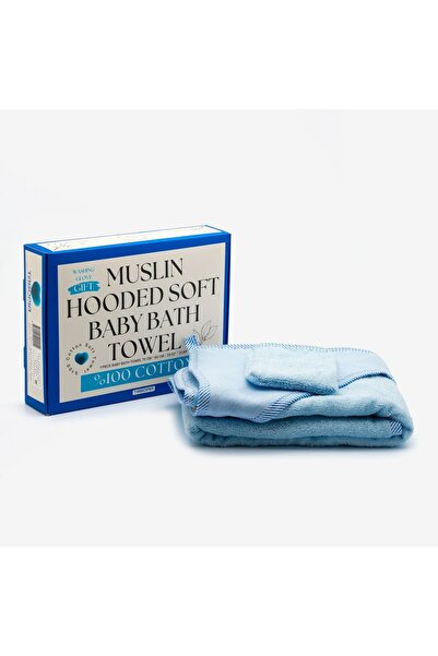 tagopia Müslin Başlıklı Bebek Havlusu Erkek %100 Pamuk Mavi 75x80cm Banyo Eld...
