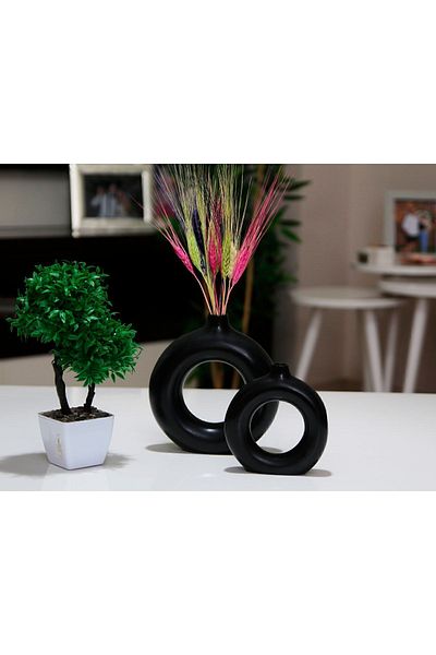 stonnish Shiny Black Bohemian Ring and Vase Set of 2