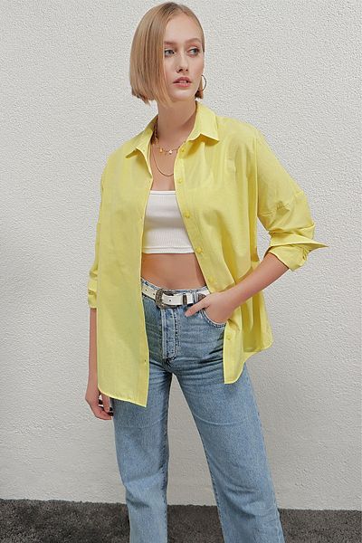 hazelin Γυναικείο κίτρινο oversize μακρύ βασικό πουκάμισο Hzl22w-bd139001